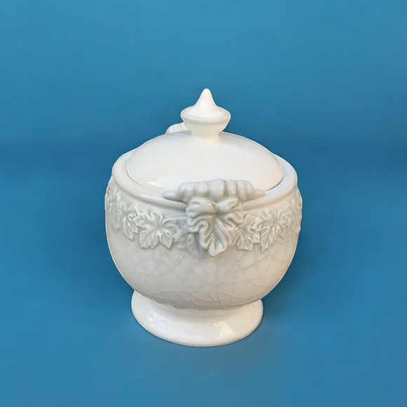 Fall Leaf Embossed Porcelain Crackle Glaze Small Covered Dish Storage Vanity Jar - Picture 2 of 10